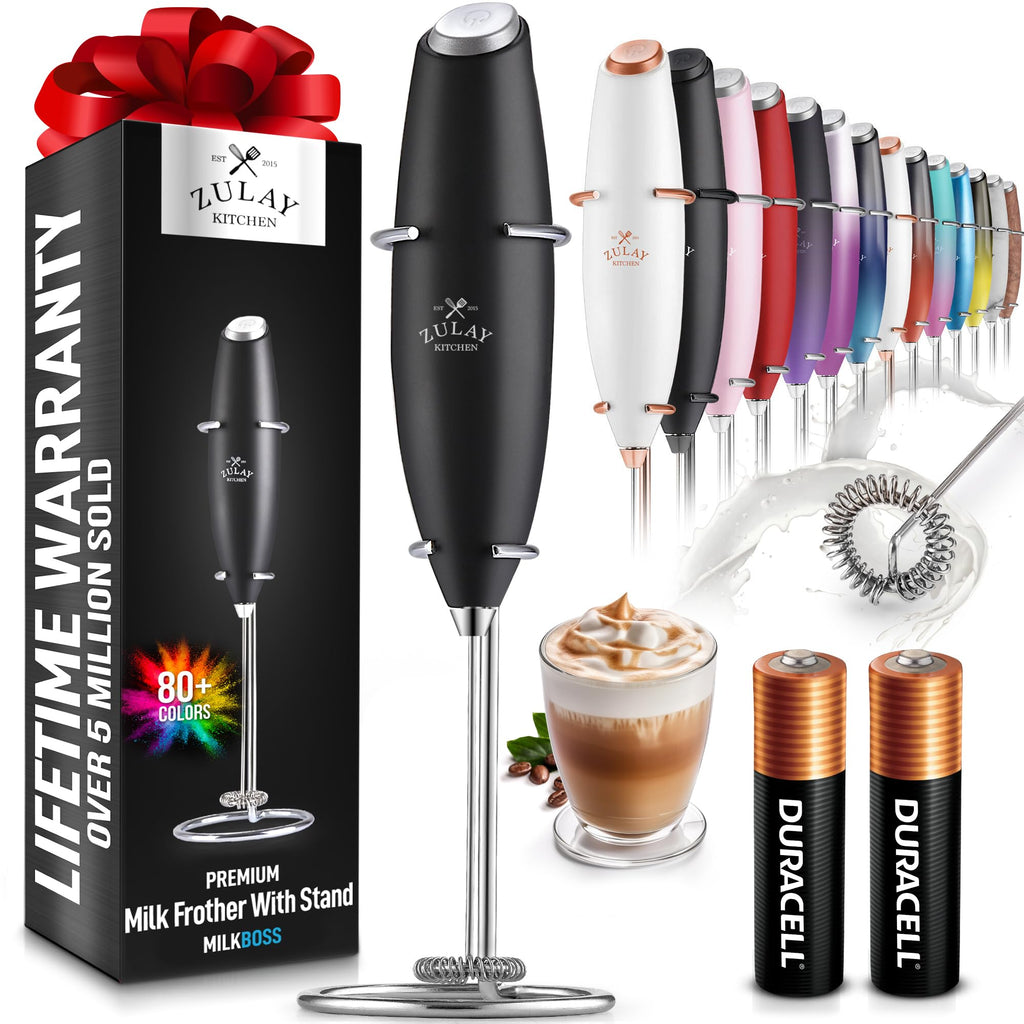 Varita Potente para Espumar Leche de Zulay Kitchen con 2 Baterías Duracell - Mezclador de Bebida Portátil Ultra Rápido - Batidor Eléctrico Espumador de Leche para Café, Latte, Capuchino, Matcha, Chocolate Caliente y Crema - Negro