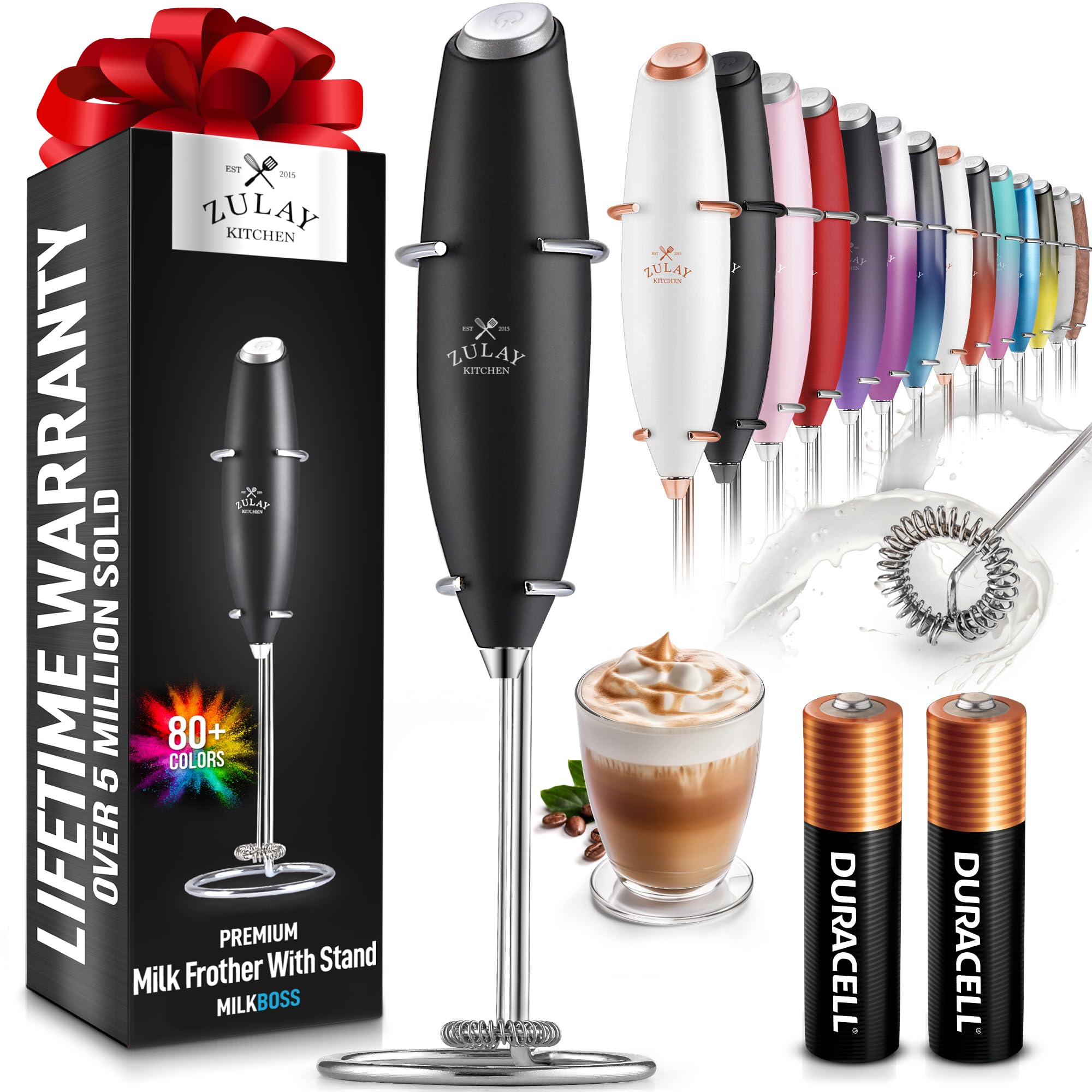 Varita Potente para Espumar Leche de Zulay Kitchen con 2 Baterías Duracell - Mezclador de Bebida Portátil Ultra Rápido - Batidor Eléctrico Espumador de Leche para Café, Latte, Capuchino, Matcha, Chocolate Caliente y Crema - Negro